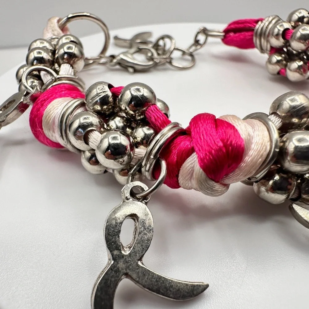 Vintage 90s Silk‎ Ribbon Breast Cancer Awareness Bracelet Silver Tone Beaded Y2K